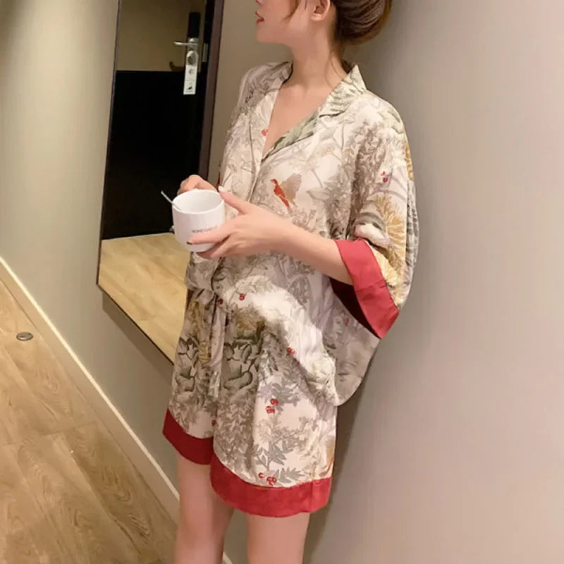 Women's Pajamas Short Sleeves Lapel Cardigan Girl Clothes Home Wear Two-Piece Woodland Bird Print Sleepwear Student Nightwear