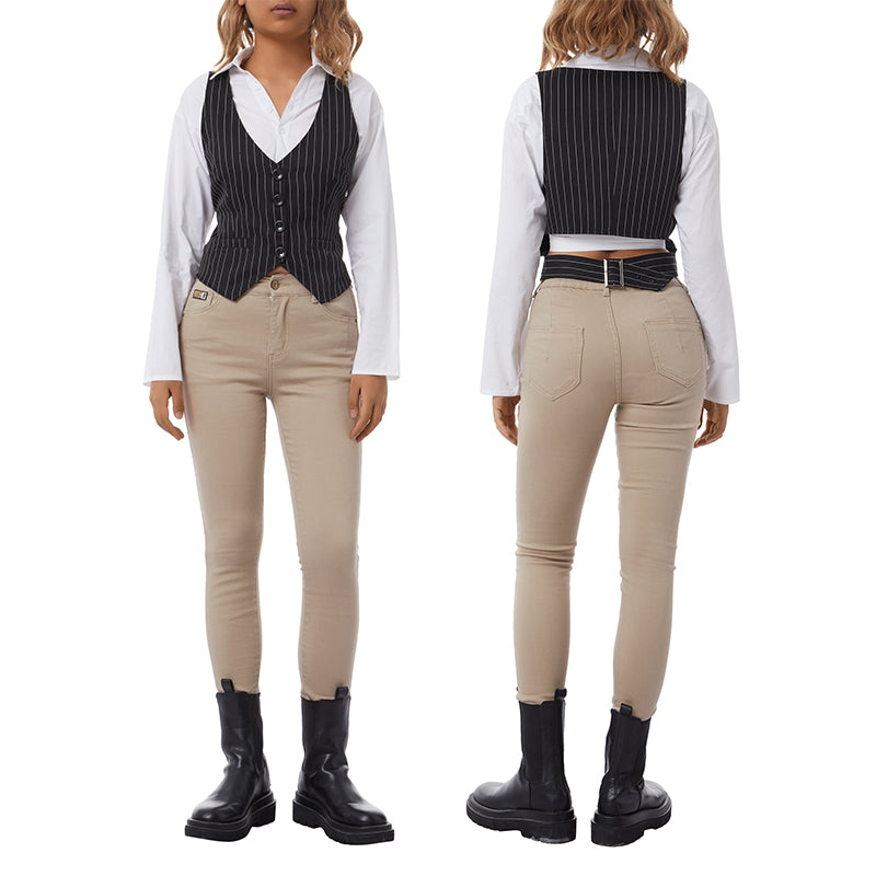 Women's Waistcoat 2024 Solid Color/ Striped V-Neck Sleeveless Slim Vest Fashion All-match Coat Female Clothes