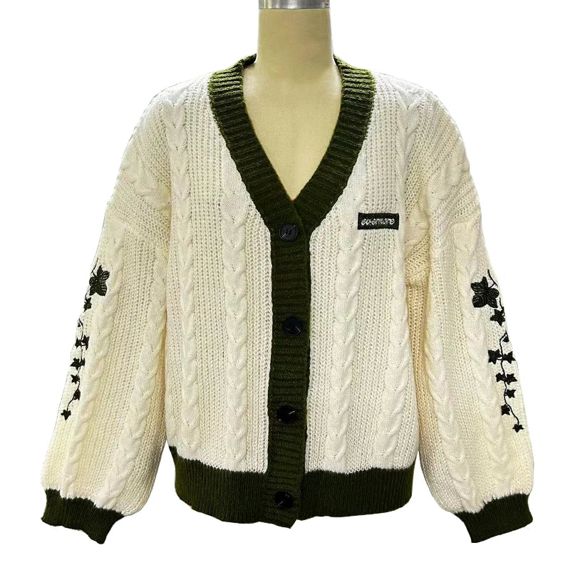 Cardigan Taylor Version Green Vine Embroidered Button Down Cable Knit Sweater Women Fall Winter Vintage Outfit
