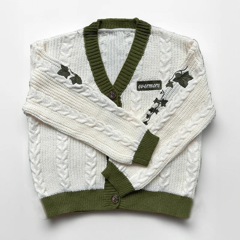Cardigan Taylor Version Green Vine Embroidered Button Down Cable Knit Sweater Women Fall Winter Vintage Outfit