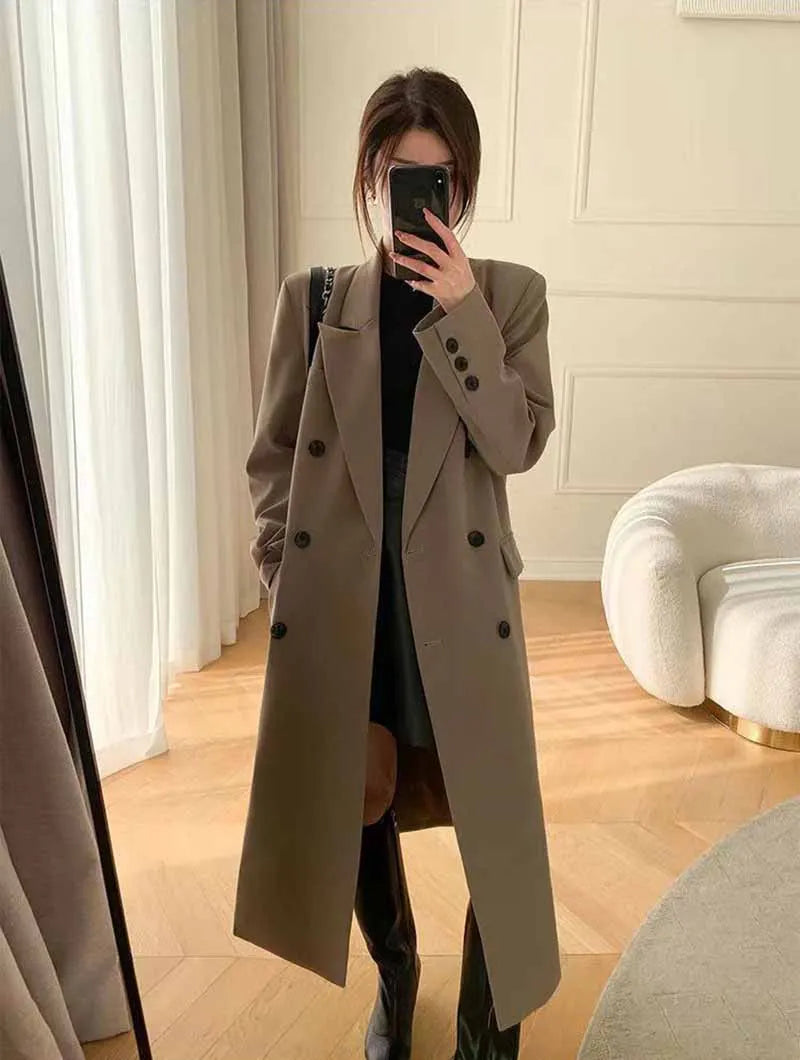 Lucyever Korean Style Chic Office Lady Long Blazers Elegant Double Breasted Blazer Jacket Women Fashion Streetwear Trench Coat
