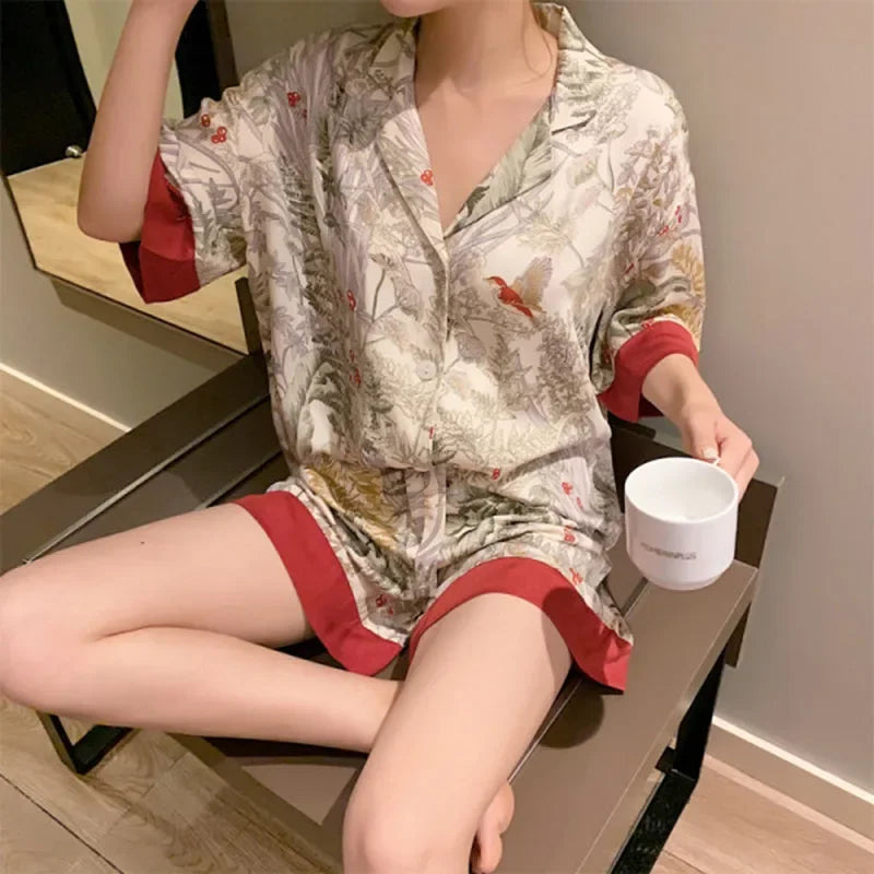 Women's Pajamas Short Sleeves Lapel Cardigan Girl Clothes Home Wear Two-Piece Woodland Bird Print Sleepwear Student Nightwear