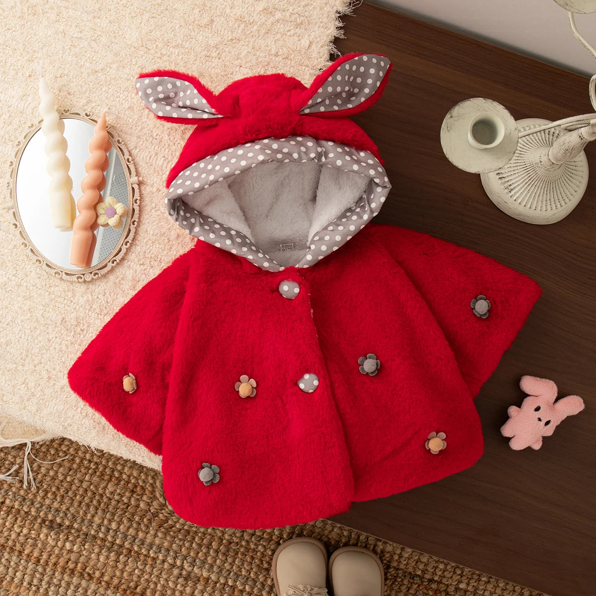 Baby Girl Coat Autumn And Winter Polka Dot Solid Color Ear Girl Outerwear Cute Flower Warm Baby Tops Baby Girl Clothes ﻿