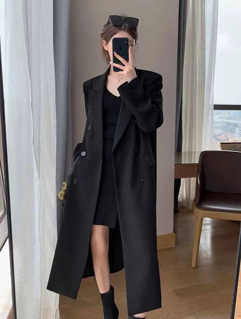 Lucyever Korean Style Chic Office Lady Long Blazers Elegant Double Breasted Blazer Jacket Women Fashion Streetwear Trench Coat