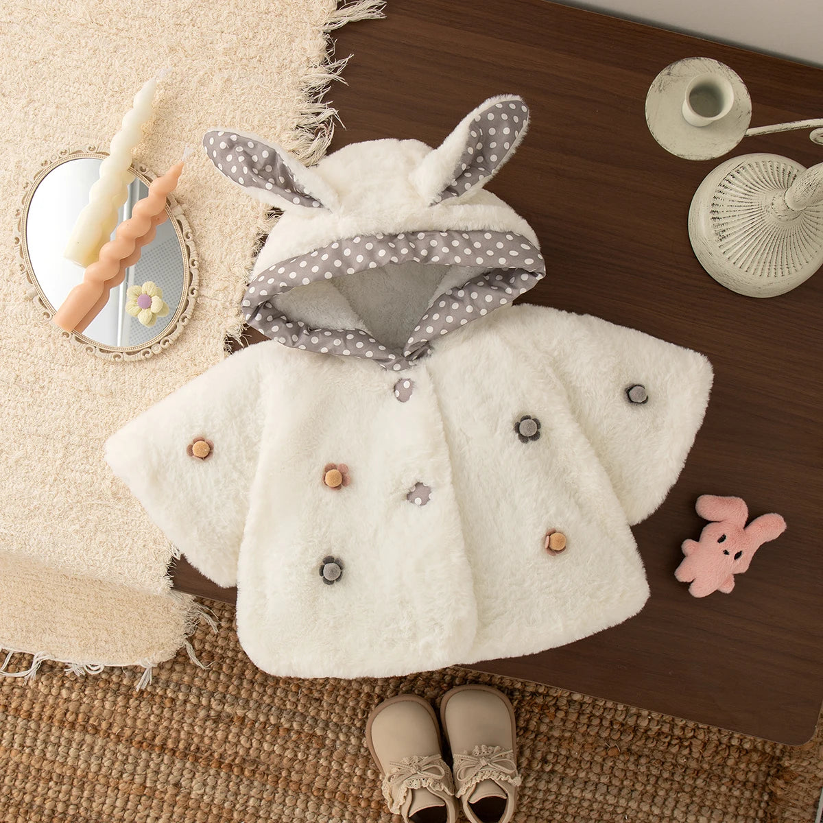 Baby Girl Coat Autumn And Winter Polka Dot Solid Color Ear Girl Outerwear Cute Flower Warm Baby Tops Baby Girl Clothes ﻿