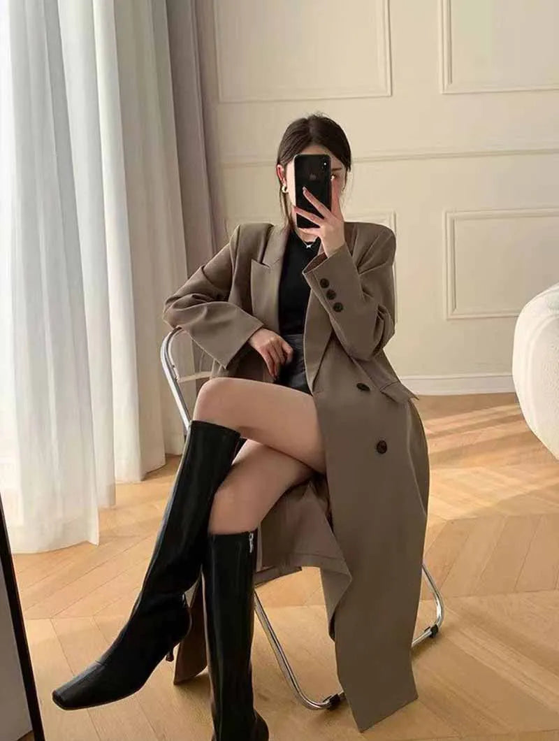 Lucyever Korean Style Chic Office Lady Long Blazers Elegant Double Breasted Blazer Jacket Women Fashion Streetwear Trench Coat
