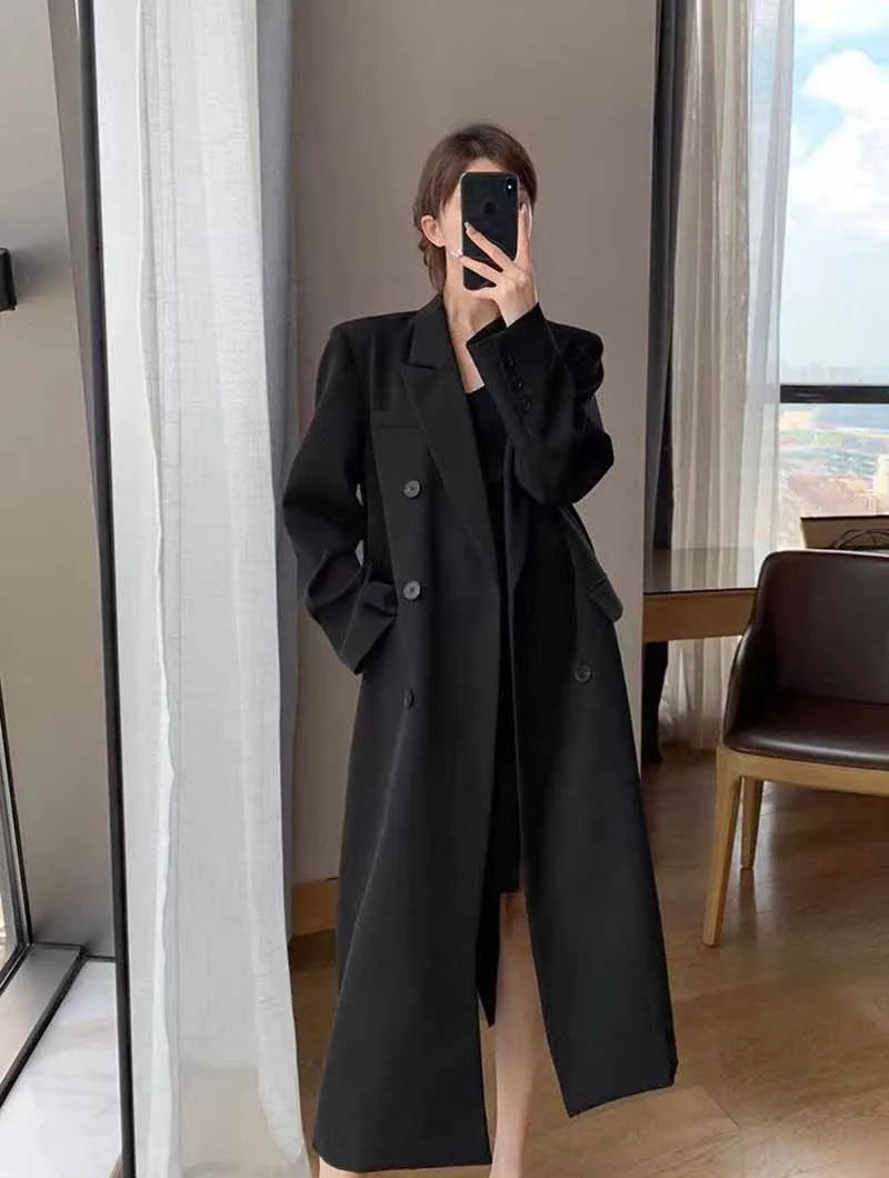 Lucyever Korean Style Chic Office Lady Long Blazers Elegant Double Breasted Blazer Jacket Women Fashion Streetwear Trench Coat