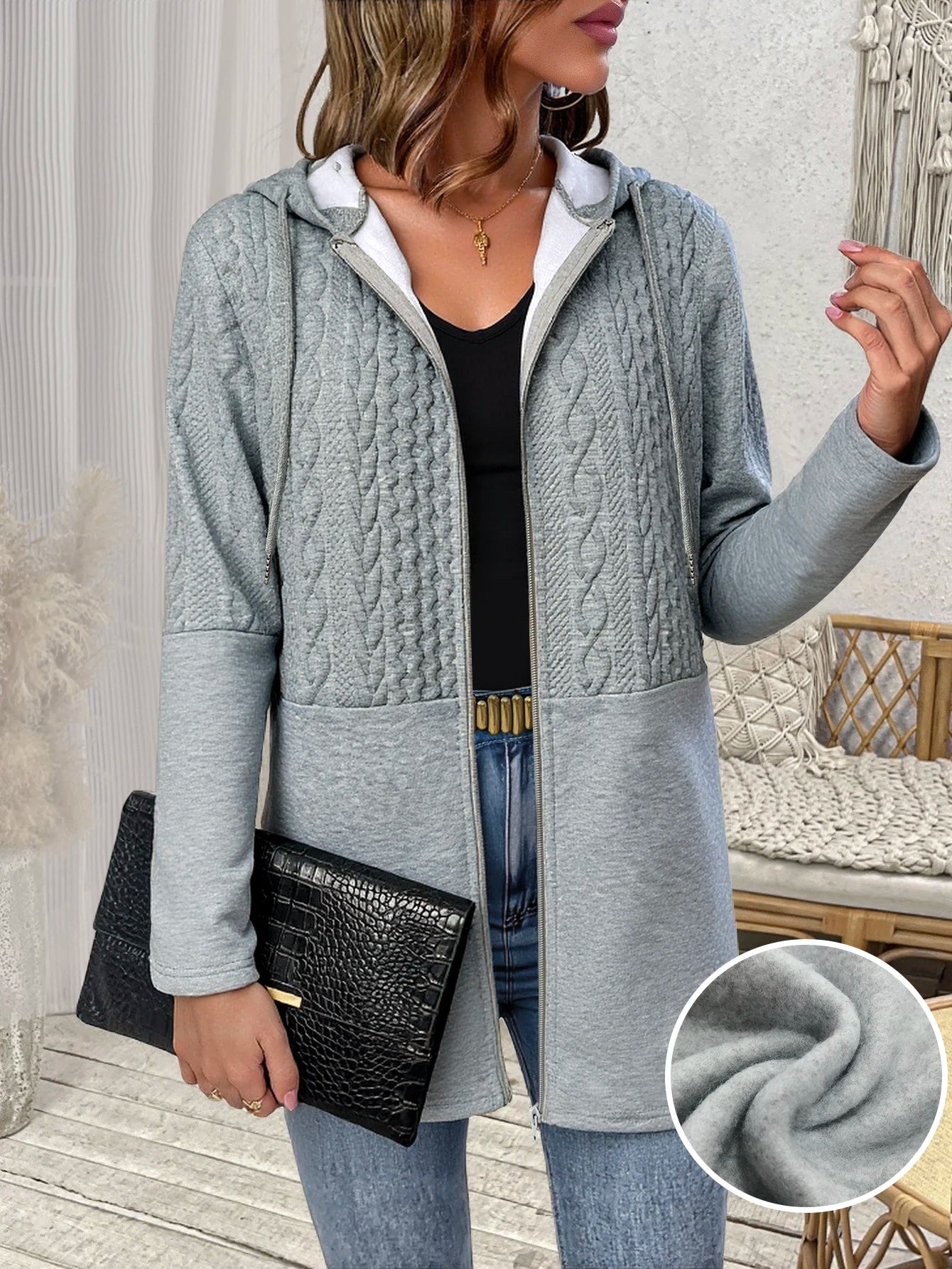 Fashionable Casual Women's Gray Hooded Cardigan Sweatshirt