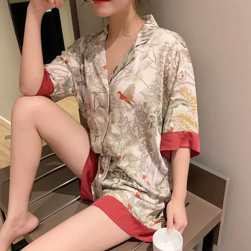 Women's Pajamas Short Sleeves Lapel Cardigan Girl Clothes Home Wear Two-Piece Woodland Bird Print Sleepwear Student Nightwear