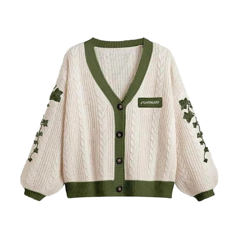 Cardigan Taylor Version Green Vine Embroidered Button Down Cable Knit Sweater Women Fall Winter Vintage Outfit