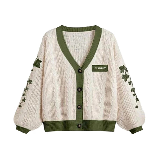 Cardigan Taylor Version Green Vine Embroidered Button Down Cable Knit Sweater Women Fall Winter Vintage Outfit