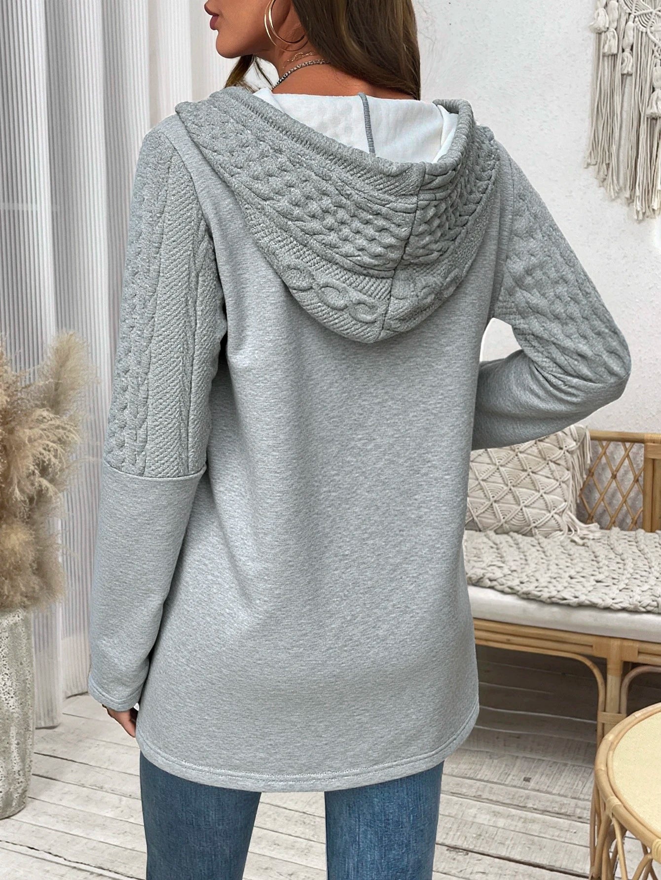 Fashionable Casual Women's Gray Hooded Cardigan Sweatshirt