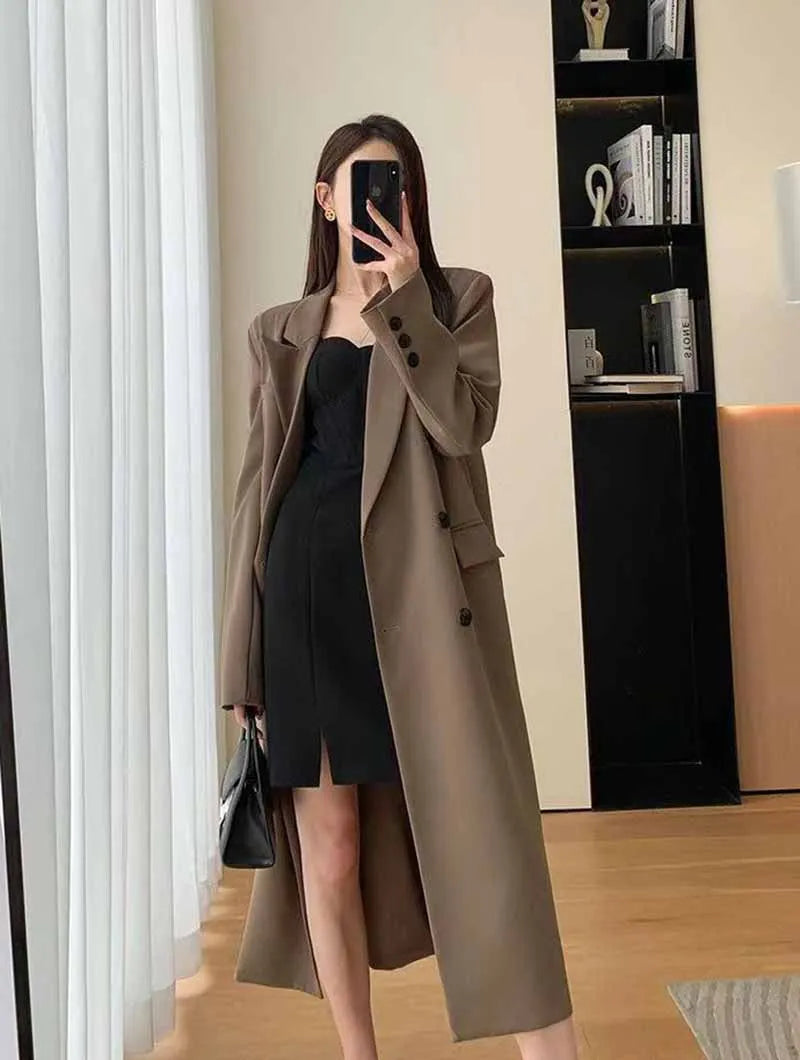 Lucyever Korean Style Chic Office Lady Long Blazers Elegant Double Breasted Blazer Jacket Women Fashion Streetwear Trench Coat