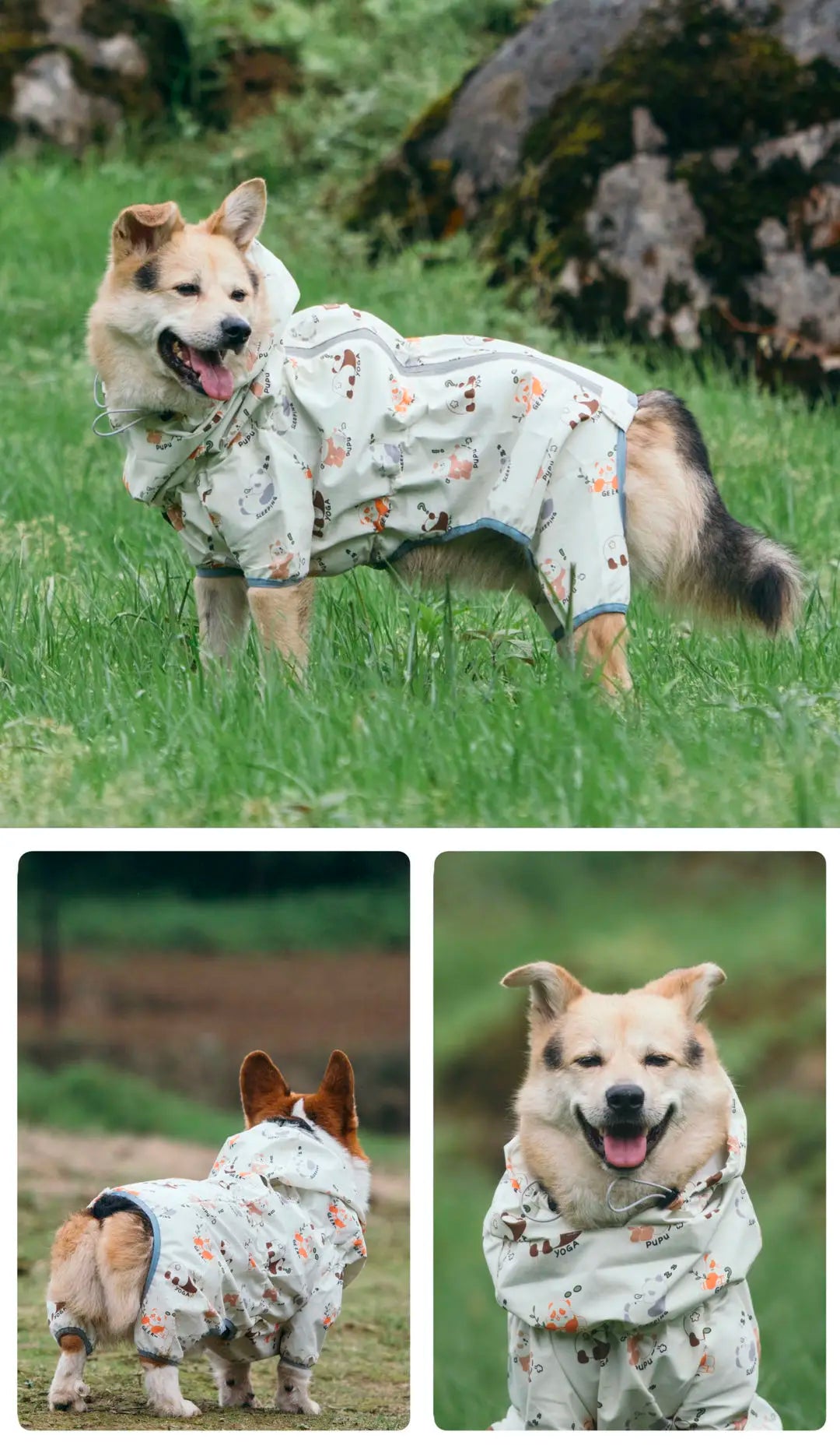 Waterproof Dog Raincoat Full Body-Covered Pet Rain Coat with Cuttable Belly Full Prints Outdoor Rain Jacket for Medium Large Dog