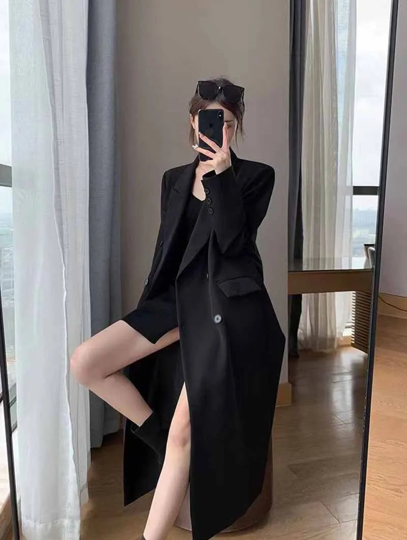 Lucyever Korean Style Chic Office Lady Long Blazers Elegant Double Breasted Blazer Jacket Women Fashion Streetwear Trench Coat