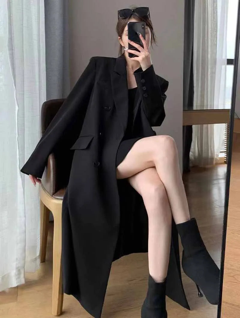 Lucyever Korean Style Chic Office Lady Long Blazers Elegant Double Breasted Blazer Jacket Women Fashion Streetwear Trench Coat