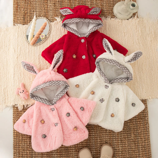 Baby Girl Coat Autumn And Winter Polka Dot Solid Color Ear Girl Outerwear Cute Flower Warm Baby Tops Baby Girl Clothes ﻿
