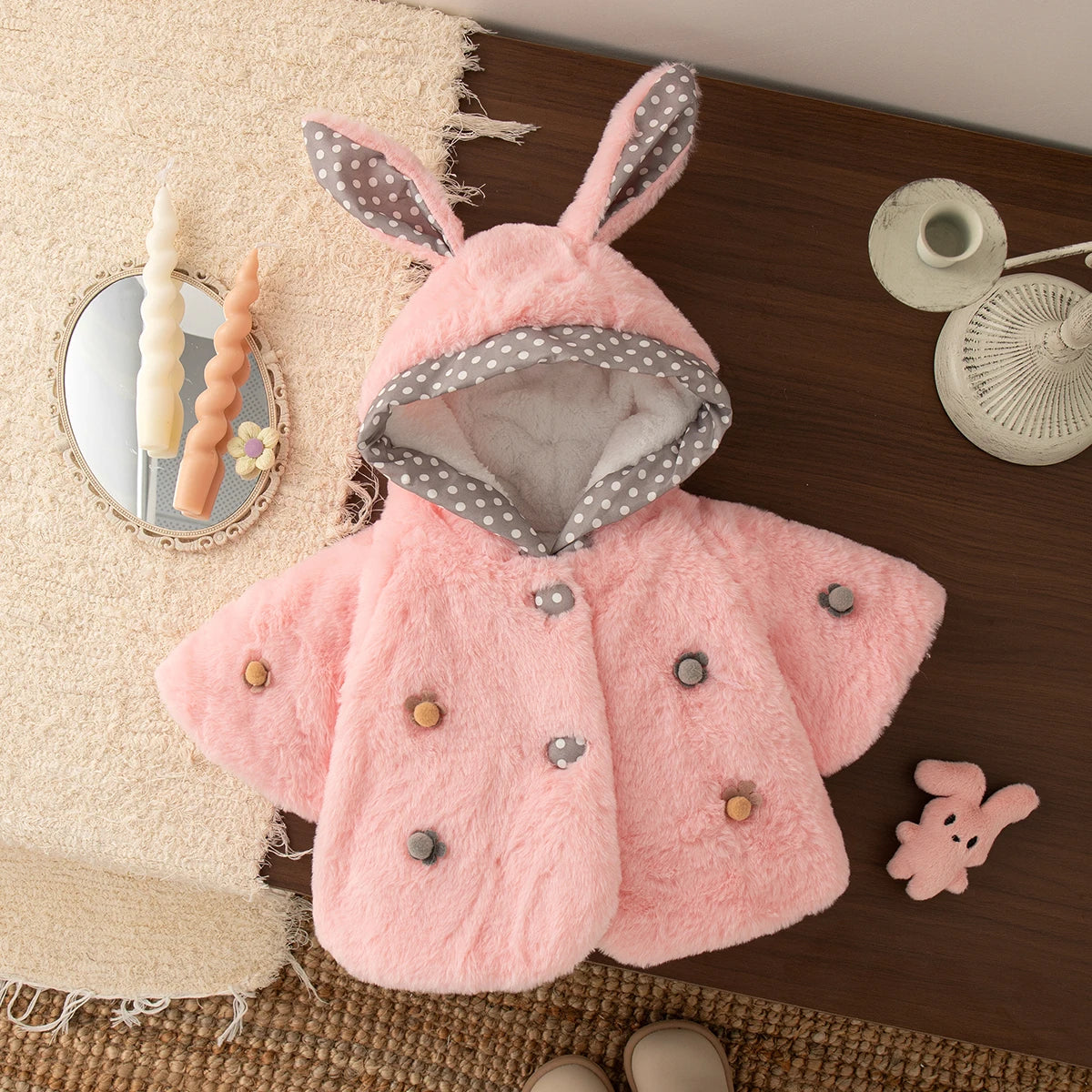 Baby Girl Coat Autumn And Winter Polka Dot Solid Color Ear Girl Outerwear Cute Flower Warm Baby Tops Baby Girl Clothes ﻿